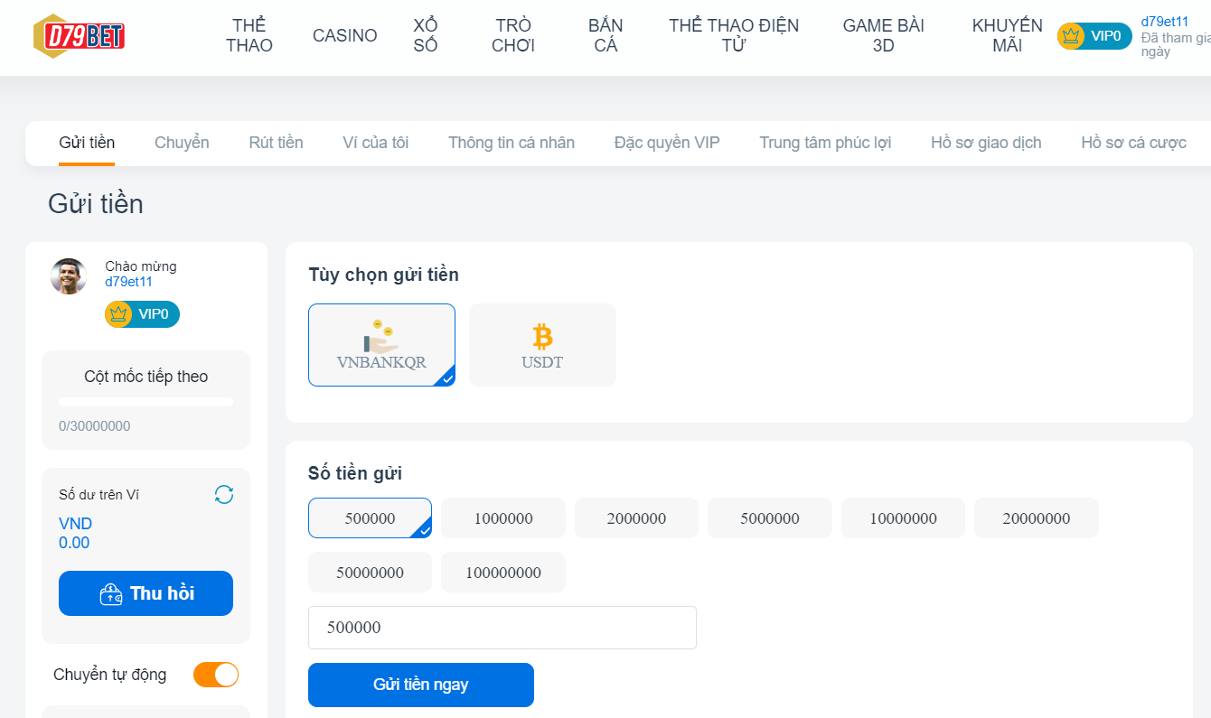 Cách nạp tiền vào nhà cái D79bet